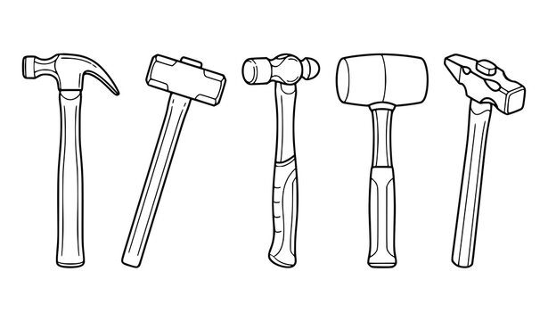 Hammer outline icons in side front and perspective views hand tool vector illustration set