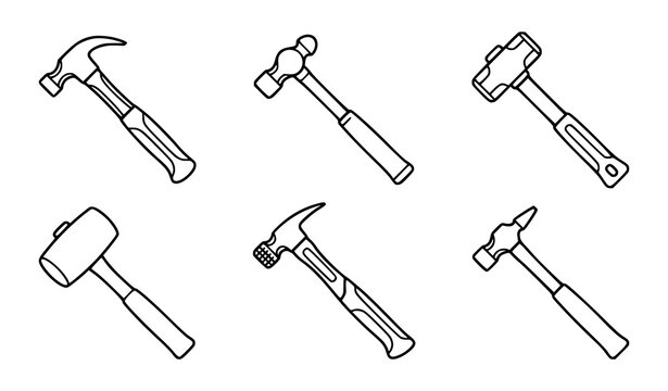 Hammer line art icon set with claw sledge mallet and hand tool outline vector designs