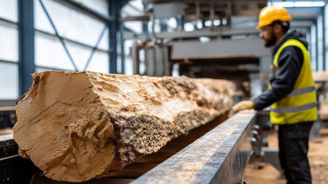 Large wooden log on a sawmill conveyor belt with a worker in blurred background. Industrial timber processing, lumber production and woodworking factory concept