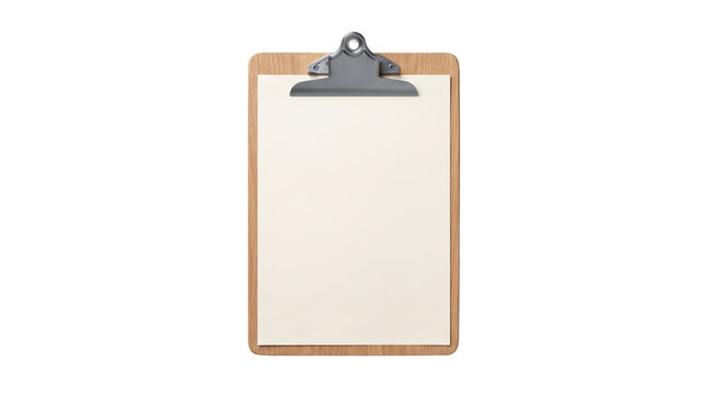 Empty wooden clipboard with a blank sheet of paper, isolated on a black background. Ideal for business, medical, or creative mockups requiring copy space.