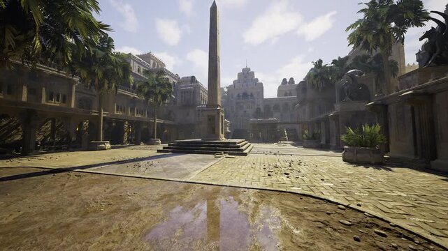golden wideangle view of obelisk avenue, early morning light casting long shadows across wet cobblestones, distant skyline framing open square, empty