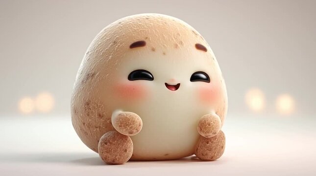 Adorable Round Potato Character 3D Animation Happy Vegetable Mascot in Chibi Style with Bokeh Background