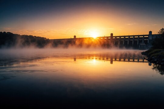 Misty river reflects golden sunrise rays hitting large concrete dam structure. Calm water surface creates mirror effect. Peaceful dawn breaks over industrial infrastructure.