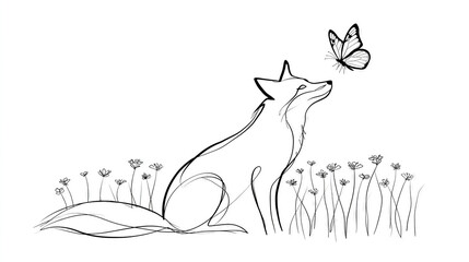 Naklejka premium Fox Gazing at Butterfly in Meadow Illustration