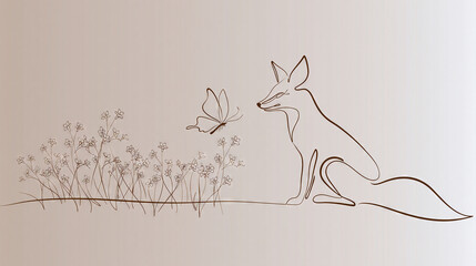 Naklejka premium Fox with Butterfly in a Field of Flowers