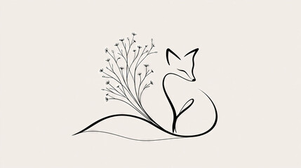 Naklejka premium Fox Sniffing Wildflower in Minimalist Line Art