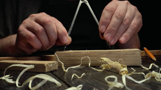 Skilled artisan uses compass tool to mark precise measurements on wooden plank, surrounded by wood shavings and crafting materials on a rustic workbench in a dimly lit workshop