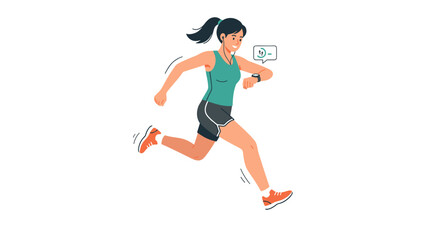 Fototapeta premium Woman running checking fitness tracker on wrist wearing headphones and athletic clothing