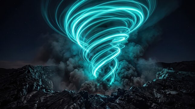 Abstract glowing cyan energy tornado vortex over dark rocky landscape at night