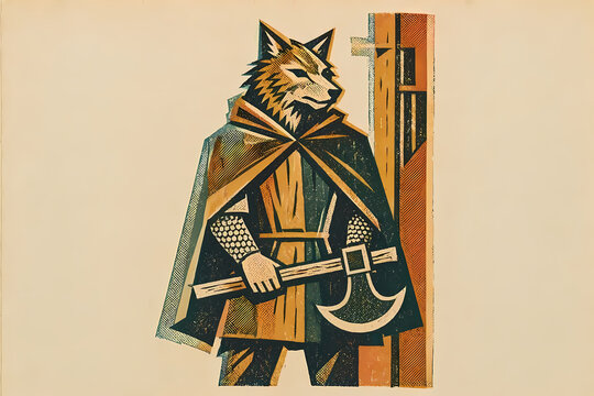 Minimalist vintage fantasy illustration of an anthropomorphic wolf executioner. From a vintage-style fantasy woodland animal characters collection. Perfect for RPG projects