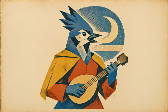 Minimalist vintage fantasy illustration of an anthropomorphic blue jay bard. From a vintage-style fantasy woodland animal characters collection. Perfect for RPG projects