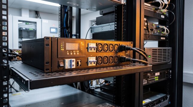 Professional server rack power distribution unit with connected cables in modern data center