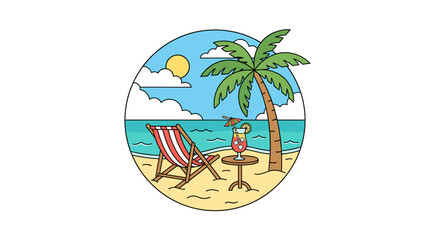 Naklejka premium Tropical Beach Scene with Palm Tree Deck Chair and Cocktail
