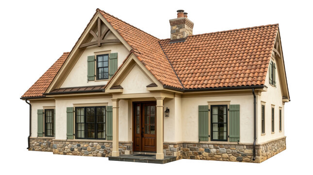 Cozy cottage house with gabled roof and chimney isolated on a transparent background