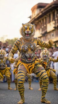 Pulikali performer in tiger body paint dancing through a crowded street during onam celebrations, kerala harvest festival, tiger body paint parade, energetic street celebration, warm light