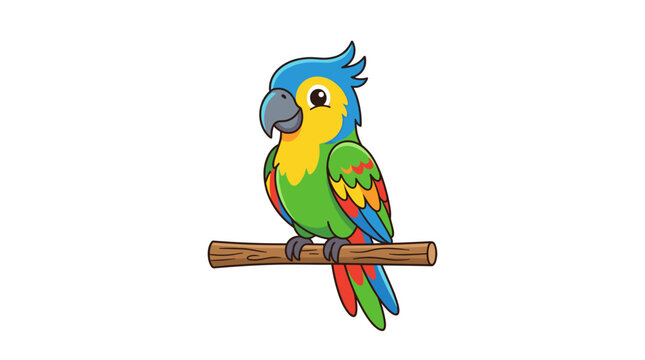 Cute cartoon parrot sitting on a branch isolated on white background