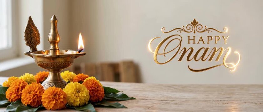 Happy onam greeting beside a glowing brass lamp plus marigold flowers on a pale table, kerala harvest festival, traditional oil lamp ritual, warm ceremonial glow, festive floral decoration