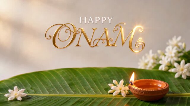 Happy onam greeting above a banana leaf with a clay oil lamp plus white jasmine flowers, traditional oil lamp ritual, warm ceremonial glow, south indian heritage, festive floral decoration