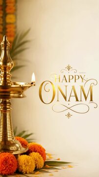 Happy onam greeting beside a tall brass lamp plus marigold flower decorations, kerala harvest festival, south indian heritage, festive floral decoration, sacred holiday atmosphere, harvest