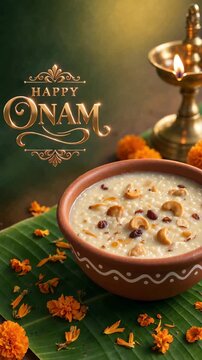 Traditional onam rice pudding in a clay bowl with cashews, raisins, flower petals, banana leaf, glowing brass oil lamp, festive harvest celebration, warm green backdrop