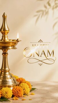 Happy onam greeting beside a brass oil lamp plus yellow marigold flowers, traditional oil lamp ritual, warm ceremonial glow, south indian heritage, cultural celebration background, harvest