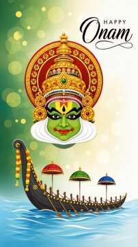 Kathakali green face above a decorated snake boat with a happy onam greeting, kerala harvest festival, traditional kathakali performance, classical south indian theater, heritage stage art