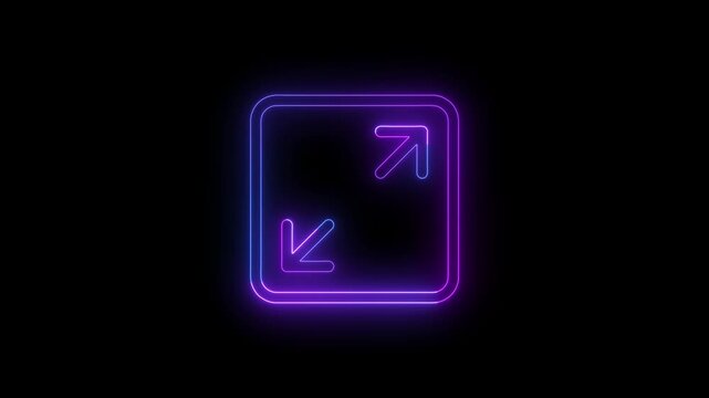 Glowing neon expand and resize icon featuring diagonal arrows pointing outward inside a rounded square frame on a dark background. Suitable for fullscreen, zoom, scaling, resizing, interface, digital 