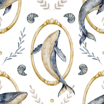 Whale seamless watercolor pattern with golden vintage frames isolated on background. Ocean repeat with sea animals and nautilus for fabric, baby room wallpaper, nursery textiles and wrapping paper.
