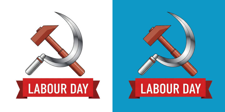 Red sickle and hammer symbol on may day celebration background
