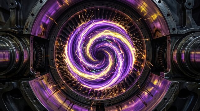Futuristic fusion reactor core with glowing purple energy vortex and cinematic lighting