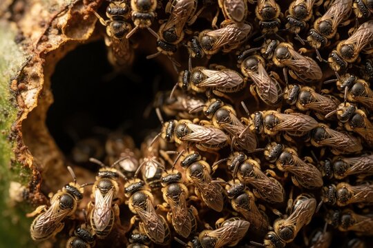 Tiny Amazonian stingless bees swarm near nest entrance. Native insects vital pollinators for rainforest flora supporting biodiversity. Macro view shows intricate details of bee anatomy.