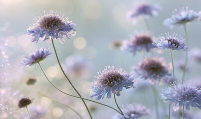 Fototapeta premium Close-up of lavender-blue scabiosa flowers glowing in soft morning light
