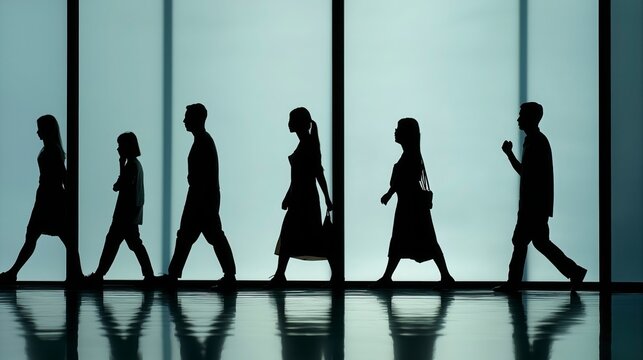 Multiple human silhouettes captured while walking and running, their overlapping forms creating rhythm and motion against a bright background, with strong contrast and a dynamic realistic composition.