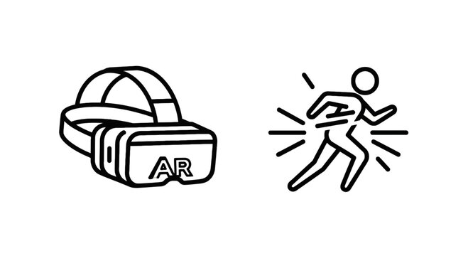 Linear icon set featuring virtual reality headset device and a human figure running fast representing motion and speed augmented technology