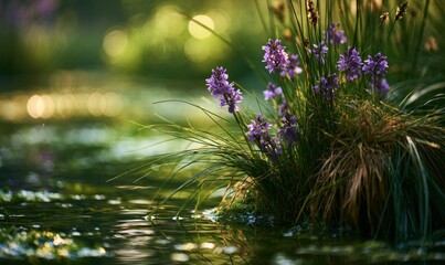 Obraz premium Blooming purple flowers near still pond water