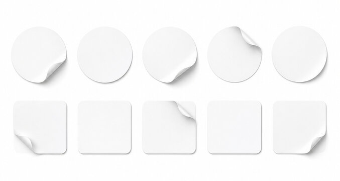 White round square stickers set, peeled corner adhesive labels, blank paper tags collection, isolated white background, realistic sticker mockup set