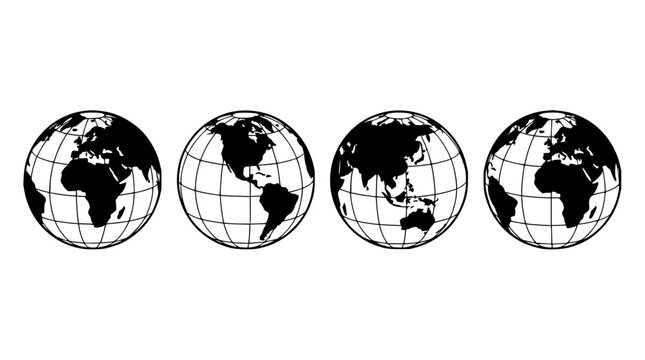 Four globe illustrations set with horizontal arrangement featuring vintage maps, world continents, and earth textures with vintage style and minimal design