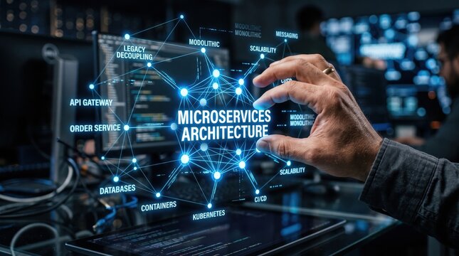 Modern software developer conceptualizing advanced microservices architecture through a sophisticated virtual interface, highlighting innovative distributed system design
