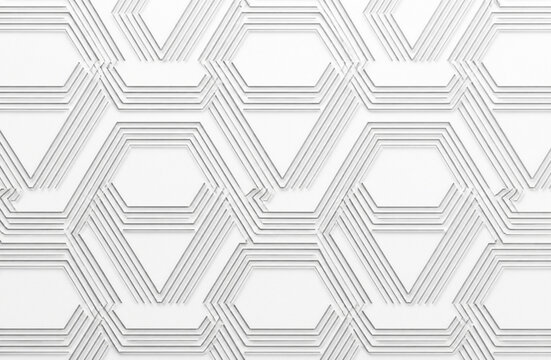 White geometric pattern, 3D paper cut lines, hexagonal lattice design, abstract background, modern architectural texture, minimal wallpaper, clean line structure