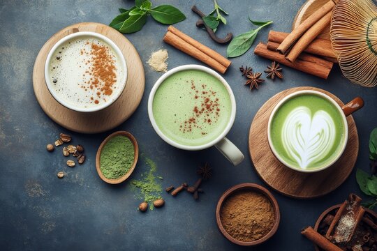 Assorted matcha lattes with spices and herbs on wooden boards