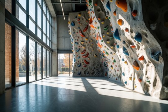 Modern indoor climbing gym features textured walls with colorful holds. Large windows let in natural light, casting shadows on the clean floor. This spacious facility is ready for climbers.