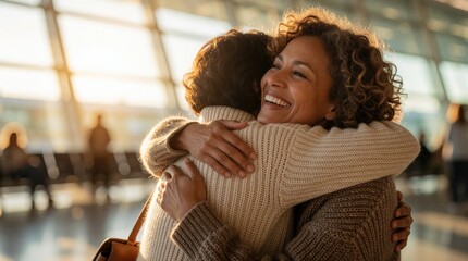 Fototapeta premium Happy adult daughter hugs mother in airport terminal. Joyful woman greets parent after long travel. Emotional family reunion shows love, warmth during homecoming. Two females embrace tightly smiling