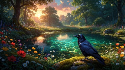Fototapeta premium Black raven sits on mossy rock by tranquil pond. Colorful wildflowers bloom in forest meadow near water. Golden sunset light shines through trees over peaceful garden scenery. Digital art painting