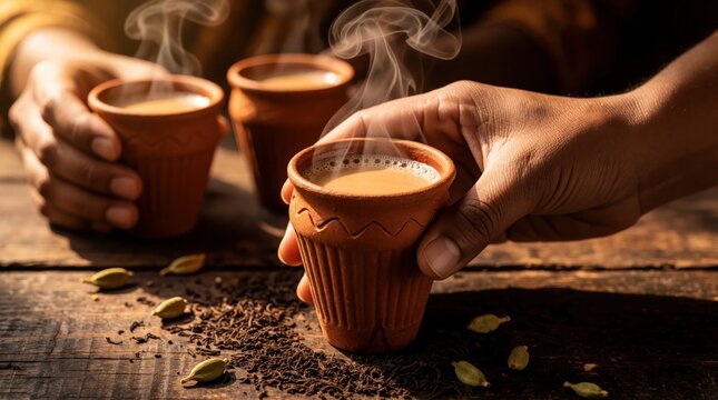 Hands hold steaming masala chai in clay cups. Loose tea leaves and cardamom pods rest on rustic wood table. Aromatic Indian beverage offers warmth and comfort.