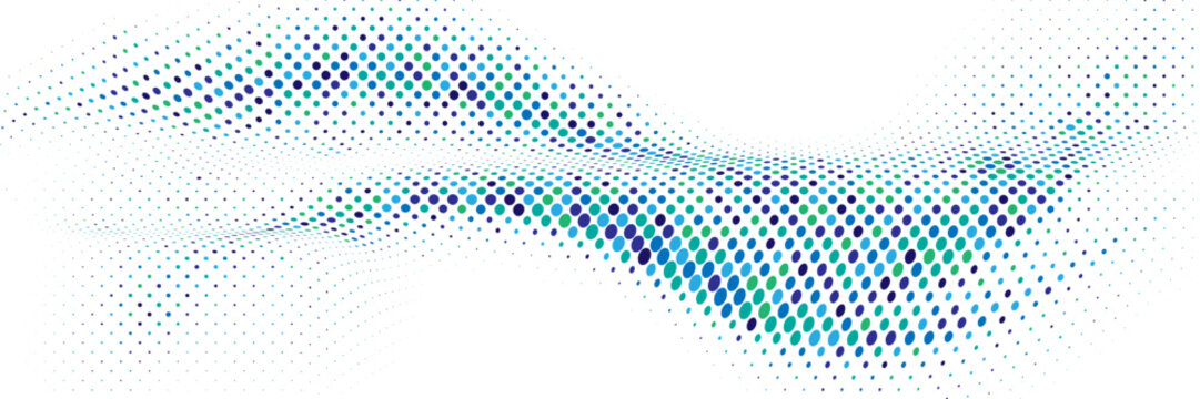 Colorful blue and green halftone dot pattern with varied circular sizes and regular spacing on white background