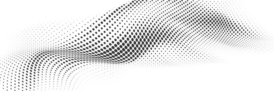 Black halftone dot pattern with gradually increasing circular size and diagonal density variation on white