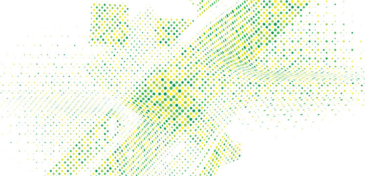 Colorful green and yellow halftone dot pattern with varied sizes and scattered distribution on white background