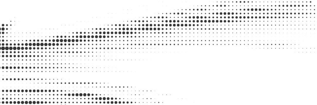 Black geometric halftone dot pattern with structured rows and varied circular sizes on white background