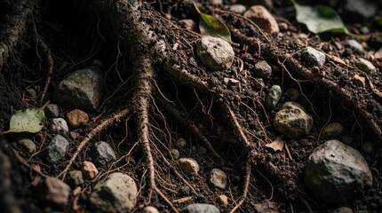 Fototapeta premium Intricate tree roots spread through dark soil mixed with stones and pebbles. Some dry leaves and dirt fill the ground, showing natural growth and decay processes in nature.