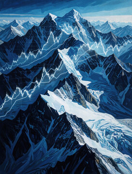 Abstract mountain range fused with financial charts. Peaks show stock market graphs, indicating growth, decline. Artwork blends nature grandeur with economic data visualization for unique perspective.